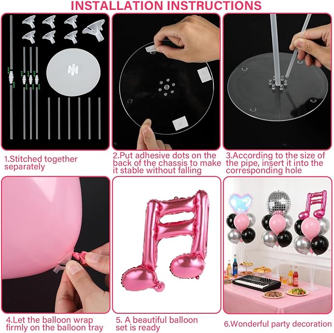 4 Sets Music Party Balloons Stand Kit with Music Note Guitar Disco Ball Colorful Heart Foil Balloons Concert Party Balloon Centerpiece for Tables for Indoor Outdoor Birthday Kpop Decorations
