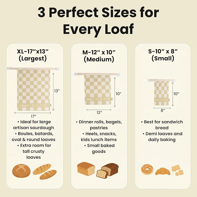 3-Pack Premium Reusable Beeswax Bread Bags (XL, M, S) - Organic Cotton Beeswax Bread Storage Bag for Homemade Bread & Sourdough Freezer-Safe, Breathable & Freshness Support - Eco-Friendly Bread Bag