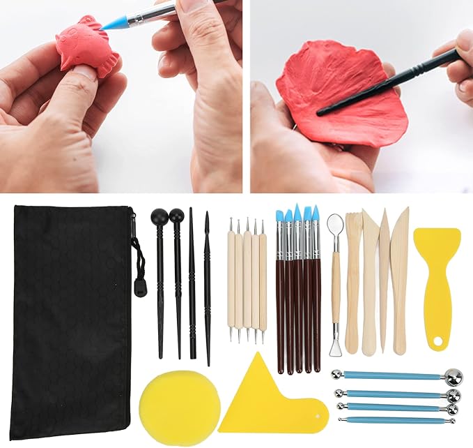 27 Pcs Multipurpose Clay Tools Set for Modeling Sculpting Pottery Crafts, DIY Polishing Engraving Kit with Silicone Pens, Fondant Sticks, Carving Knives, and More, Ideal for