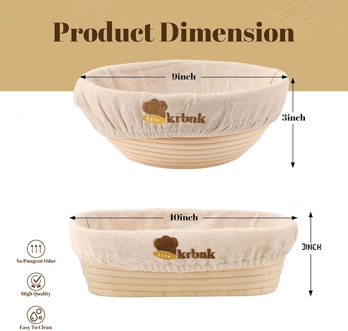Banneton Bread Proofing Basket, Proofing Basket for Sourdough Bread Baking, Indonesian Rattan Bread Bowl Sourdough Bread Baking Supplies with Linen Liner (9" Round + 10" Oval)