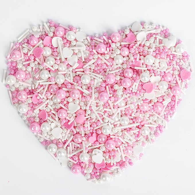 Edible Heart Sprinkles for Cake Decorating,White Pink Pearl Sugar Jimmies Mix Size 130g/4.58oz,Baking Candy Decorations,Cupcake Toppers,Cookie Donuts Ice Cream Dessert Decorating,Wedding Birthday Party Supplies