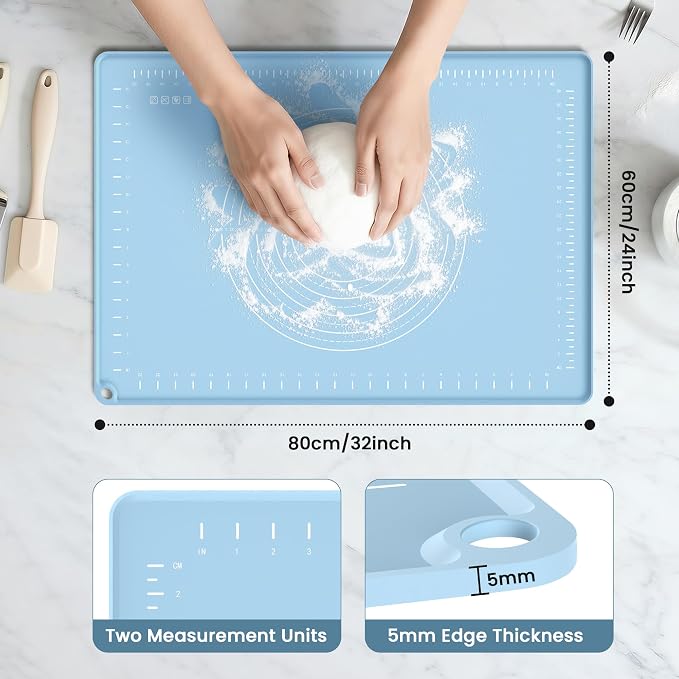Silicone Baking Mat 32x24 Inches | Extra Thick Dough Rolling Mat with Measurements and Edge Heightening | Non-Stick Food Grade Pastry Mat for Pastry, Bread, Cookies, Pizza, Fondant & Pasta