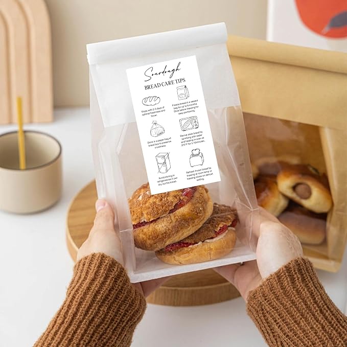 80 Pcs Sourdough Bread Care Instruction Stickers, 2x3.5 Inch Minimalist Black and White Storage Tips Labels for Bakery Bakers, Client Packaging and Homemade Bread