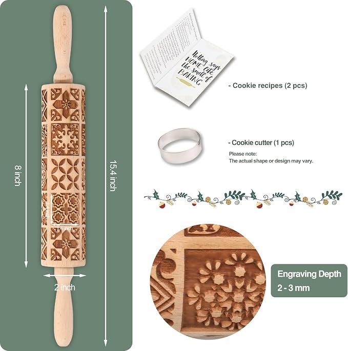 Christmas Embossed Rolling Pin for Baking Cookies Embossing Rolling Pins with Design Wooden Engraved Springerle Roller Pin Dough Patterned Clay Pottery Ceramic Bakers Women (Vintage Square Patterns)