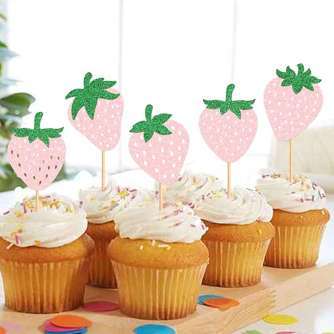 24pcs Glitter Pink Strawberry Cupcake Toppers Berry Strawberry Cupcake Picks for for Strawberry Baby Shower Kids Girls Pink Birthday Sweet Fruit Theme Party Cake Decorations