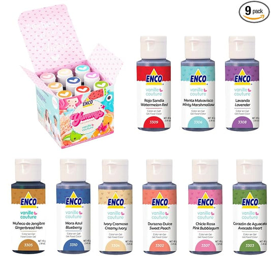 ENCO Yummy Collection 9 Food Coloring Gel Set 1.41 oz each (40 g) includes Cookie Decoration Guide