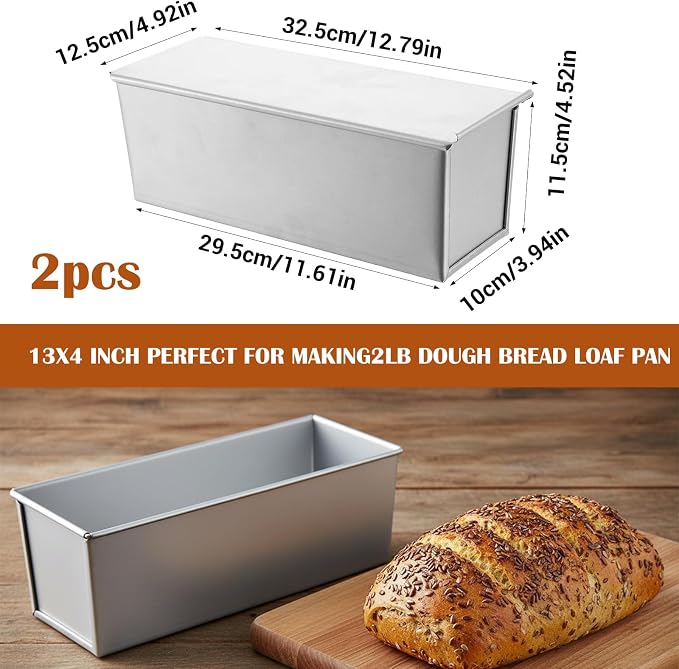 2 Pcs Pullman Loaf Pan with Lid, 13x4 Inch 2lb Dough Capacity Non-Stick Bread Baking Pan for Sandwich Bread, Toast, Sourdough and Homemade Baking, Silver