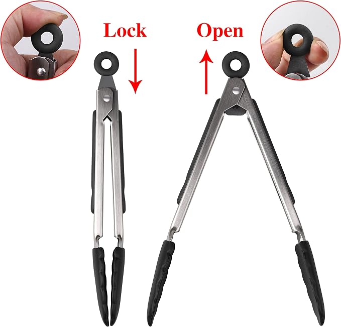Non-Stick Kitchen Tongs for Cooking - Set of 3: 7, 9, 12-Inch Cooking Tongs w/Rubber/Silicone Tips | Stainless Steel Tong, Metal | Salad Tongs, Pasta, Food Serving, Grill Tongs, Bbq