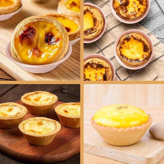 3 Inch Egg Tart Molds Set of 4, Gold Carbon Steel Mini Tart Pan Non-Stick Tartlet Pans, Includes Oil & Dish Brushes for Baking Cupcake Cake Muffin Mold Tin Pan for Cakes, Cookies, Desserts
