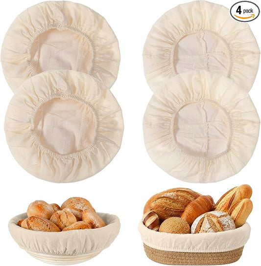 4 Pcs Banneton Liners, Banneton Basket Liner – 2 Round & 2 Oval Sourdough Proofing Covers, 10 Inch Cotton Linen Natural Rattan Proofing Cloth for Bakery, Home Baking