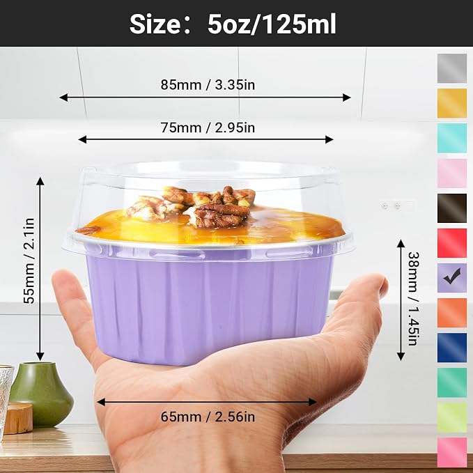 EUSOAR Aluminum Foil Baking Cups with Lids, 50pcs 5oz Creme Brulee Ramekins Disposable, Muffin Liners Cups Oven Safe Mini Cheesecake Foil Pans Dessert Containers with Lids for Party Favor Birthday
