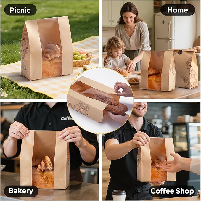 50 Pack Paper Bread Bags for Homemade Bread and Sourdough, 50% Thicker Large Kraft Loaf Bags with Clear Window for Bakery Packaging & Storage, Includes Sealing Stickers