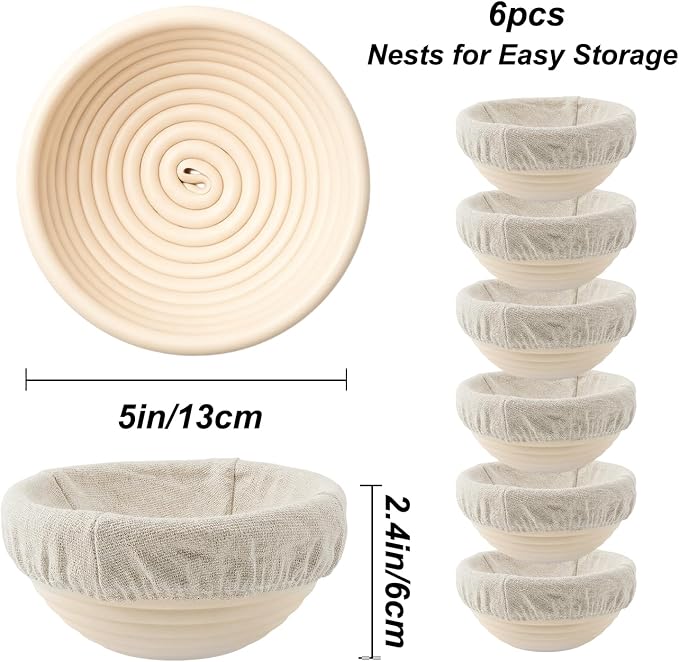 5 Inch Mini Banneton Bread Proofing Basket Set of 6, Easy-Clean Round Sourdough Proofing Basket, Small Banneton for Sourdough Bread Baking Supplies with Liners