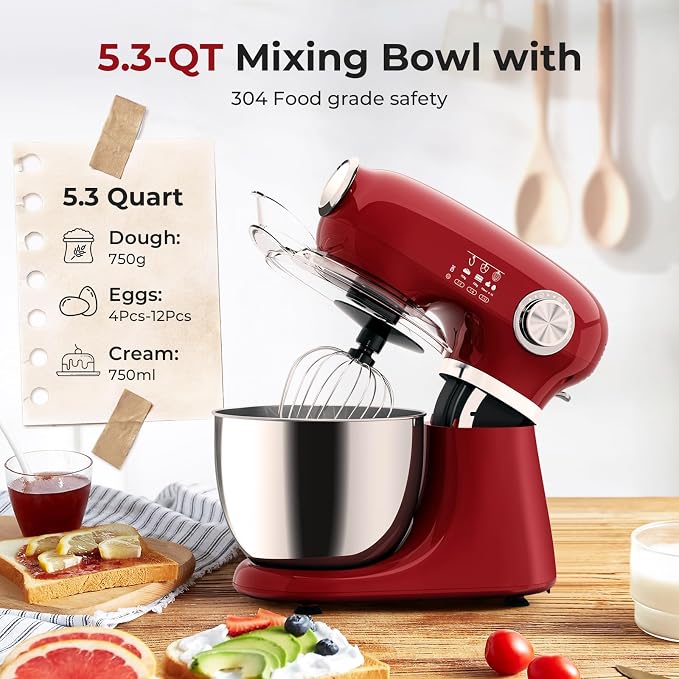 Stand Mixer,12 Speed Tilt-Head Electric Mixer With 5.3 Quart Stainless Steel Mixing Bowl, Portable Kitchen Mixer With Whisk, Dough Hook, Beater & Baking Spatula, Red
