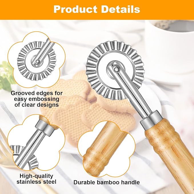 2 PCS Pasta Cutter Wheel, Pastry and Pasta Cutter Wheel Pastry Ravioli Wheel Cutter With Long Wooden Handle for Ravioli Pasta Dumplings Lasagna Pierogi