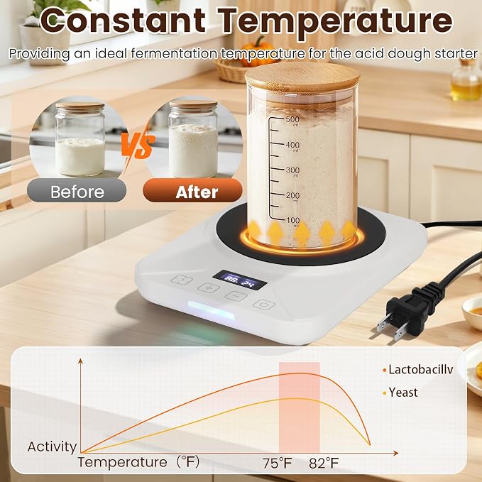 Sourdough Starter Warmer with 1°F Thermostat Control(70-100℉)24H Timer Memory Function Heating Pad for Fermentation, Heating Mat for Home Baking Fits Jars Up to 40oz (White)