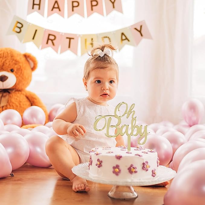 Mirrored Gold Oh Baby Cake Topper, Baby Shower 1st Birthday Party Decorations, Welcome Baby Decorations, Baby Shower Party Cake Decor