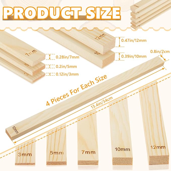 Sasylvia 20 Pcs Clay Pottery Rolling Pin Guides Wood Teaching Rolling Mud Stick Guide Set Polymer Clay Depth Thickness Guide Pottery Mudboard Tools (5 Size,Wood Color)