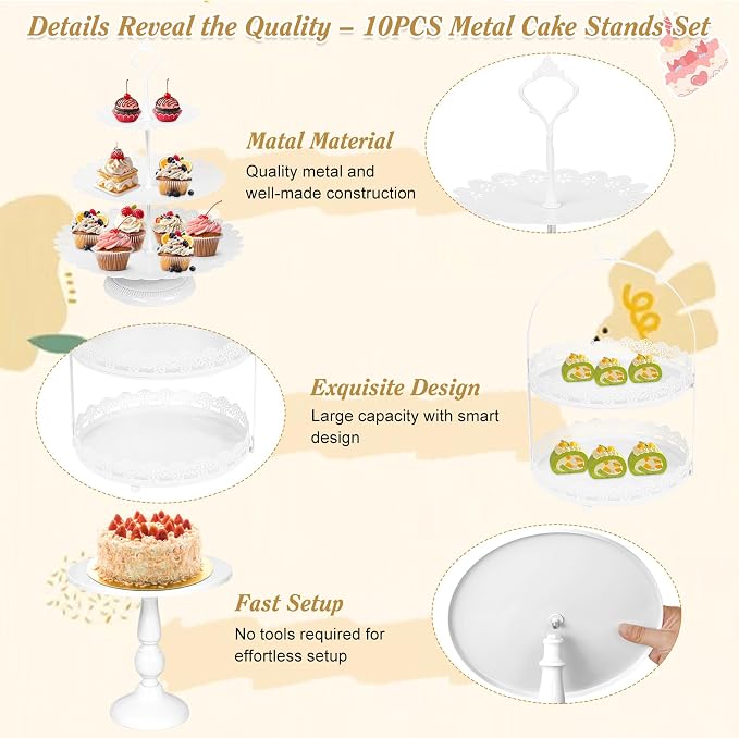 10 Pcs White Cake Stand Set Metal Cupcake Stands, Multiple Styles Dessert Display Tower for Candy Fruit, Cake Serving Trays for Birthday, Wedding, Anniversary, Baby Shower, Engagement Party