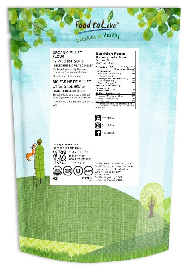 Food to Live Organic Millet Flour, 2 Pounds Non-GMO, Kosher, Vegan, Stone Ground, Unbleached, Unbromated, Bulk, Product of the USA