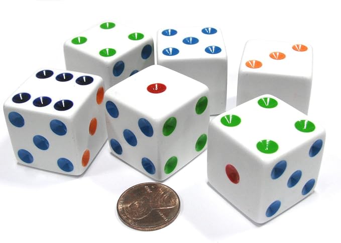 Set of 6 D6 25mm Large Opaque Jumbo Dice - White with Multicolor Pip by Koplow Games