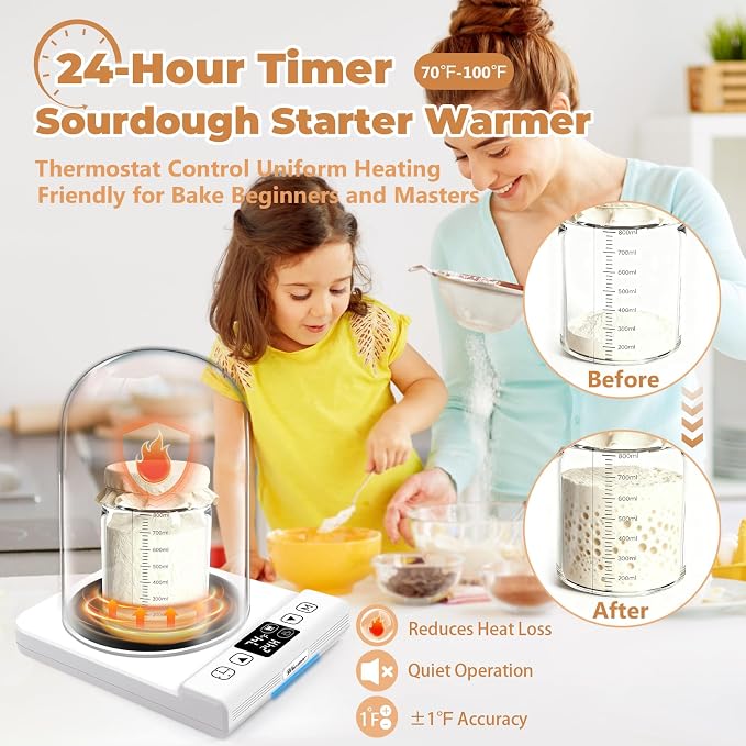 2-in-1 Upgraded Sourdough Starter Warmer with Glass Dome, Precise 1℉ Thermostat Sour Dough Starter Heating Mat (70-100℉) and Mug Warmer (110-180℉) Dual Mode, Sourdough Warming Mat for Baking & Coffee