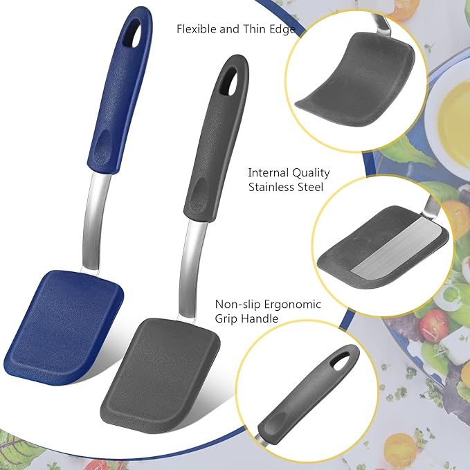 Silicone Cookie Spatula Turner 2 Pack Mini Brownie Spatula Flexible Kitchen Small Silicone Turner for Nonstick Cookware Heat Resistant No Scratch Flipper for Pancake(Solid Flat,Gray, Blue)