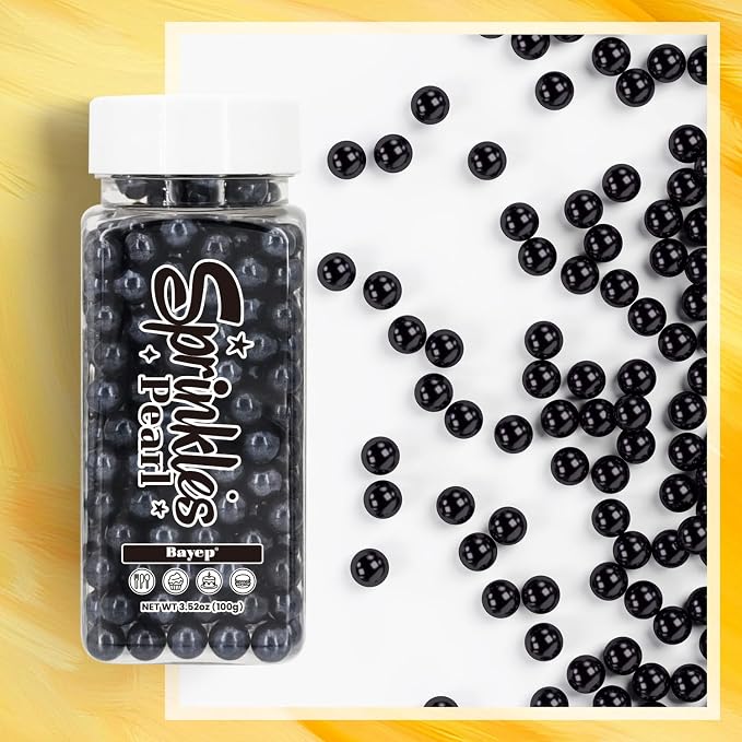 Bayep Edible Pearls for Cake Decorating 7mm Black Sprinkles for Cookies, Baking, Ice Cream, Cupcake Topper Pearl Sprinkles Perfect for Wedding Party Valentines Christmas Holiday Supplies 3.52 Ounce