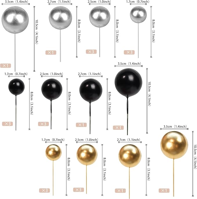 24 PCS Balls Cake Toppers Ball Cake Picks Ball Shaped Cupcake Toppers Foam Balls Cake Topper Insert Mini Balloons Cake Decorations for Wedding Baby Shower Birthday Party Supplies Black Gold Silver