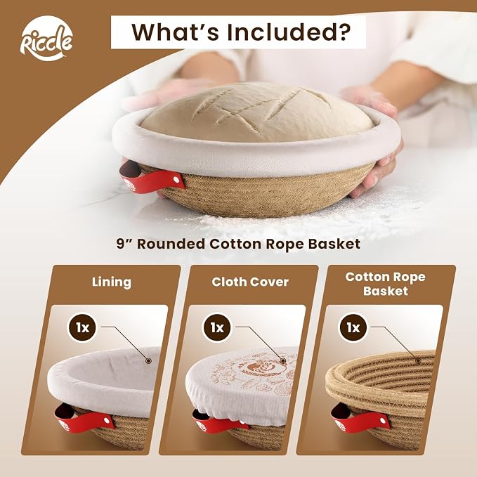 Riccle Cotton Rope Banneton Bread Proofing Basket Set, 9 Inch Round Bread Basket with Liners & Covers for Artisan Bread Baking, Sourdough Bread Baking Supplies