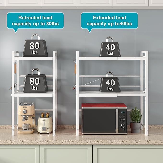 DOLALIKE Microwave Oven Rack, Expandable Microwave Stand Kitchen Countertop Organizer Utensils Storage, Carbon Steel Over Microwave Shelf with 3 Hooks (White, 3 Tier)