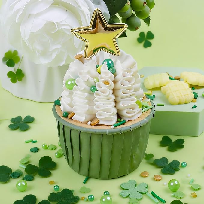 Green Sprinkles for Cake Decorating, 8Oz 4-Cell ST Patricks Day Spring Sprinkles Mix with Shamrock Clover Jimmies Nonpareils Pearls Edible Sugar for Cookies Cake Cupcakes Ice Cream Brownie Baking Topping