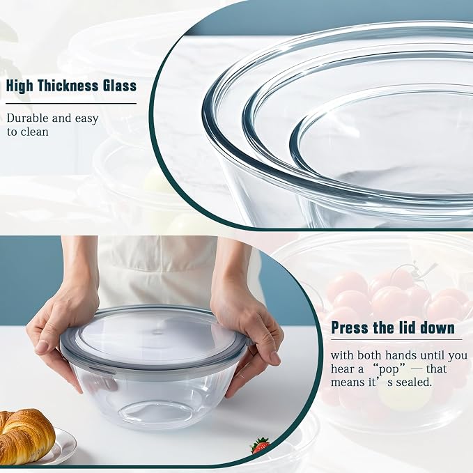 Glass Mixing Bowls with Lids Set(4.5QT, 2.7QT, 1.1QT),Glass Bowls with Lids Large Mixing Bowl Salad Bowls Space-Saving Nesting bowls Serving bowls Storage Container for Cooking,Baking,Prepping