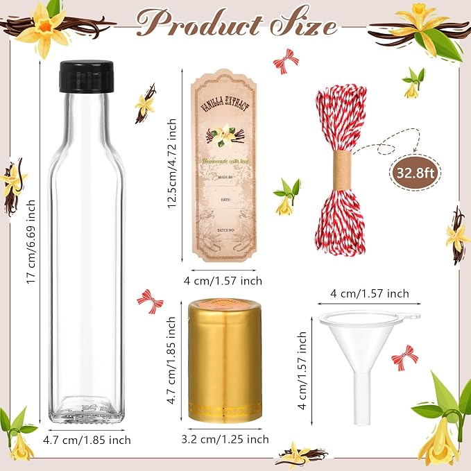 Tioncy 12 Pcs Vanilla Extract Bottles for Homemade Vanilla Jar Glass Square Bottle with Cap Shrink Band Sticker Syrup Food Storage Canister for Liquids Bean Sauce Spice Gift Giving(Gold,8.5 oz)