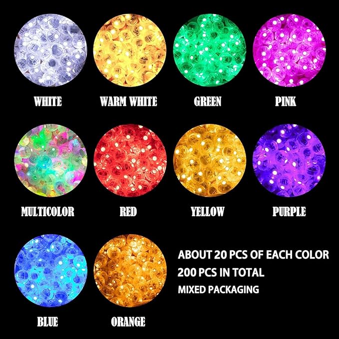 Aogist 200Pcs 10-Colors Balloon Lights with Hook,Long Standby Time,Waterproof Mini Light for Birthday Party Wedding Christmas Halloween Easter Decorative (Flash)