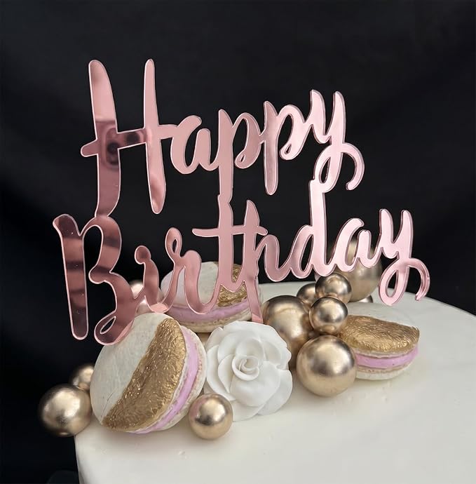 6-Pack Acrylic Birthday Cake Toppers, Mirror Pink Happy Birthday Sign for Cake Decorations