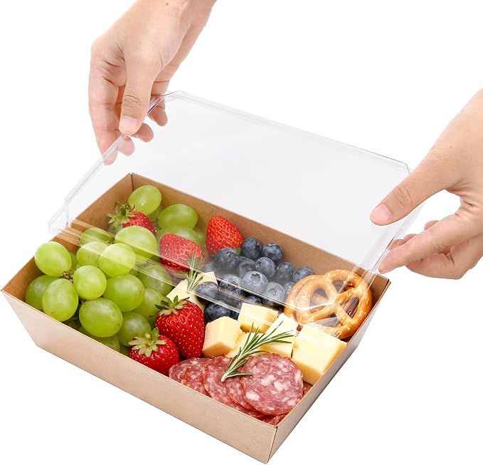 Hiceeden 50 Pack Charcuterie Boxes with Clear Lids, 8.4"×5.7"×2.8" Paper Bakery Dessert Sandwich Box, Disposable Large Food Containers for Cookies, Donuts, Muffins, Salad, and Pastry, Brown