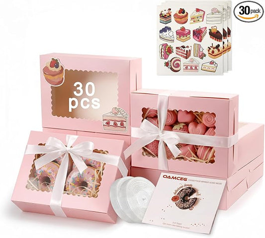 OAMCEG 30 Pack Cookie Boxes with Window, 8x6x2.5 Inch Bakery Treat Boxes for Christmas Holiday Gift Giving, Desserts, Donuts, Pastries-Pink