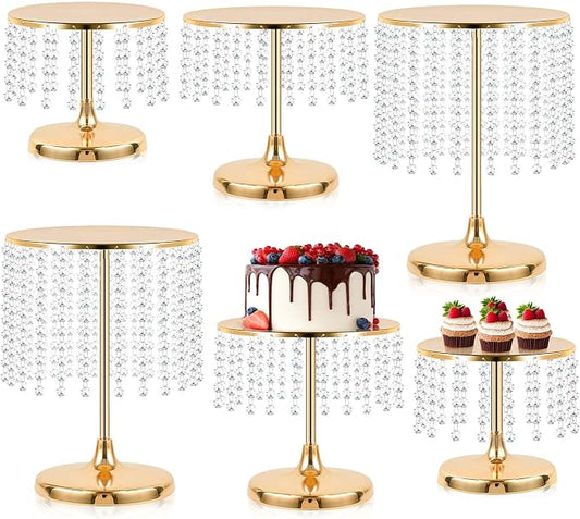 Metal Mirror Cake Stand Set with Crystal Pendants - Elegant Dessert Table Display for Weddings, Birthday Parties, Baby Showers, Events - Sturdy Crystal Bling Cupcake Stands for Pastries, Sweets, Decorations (Gold, Set of 6)