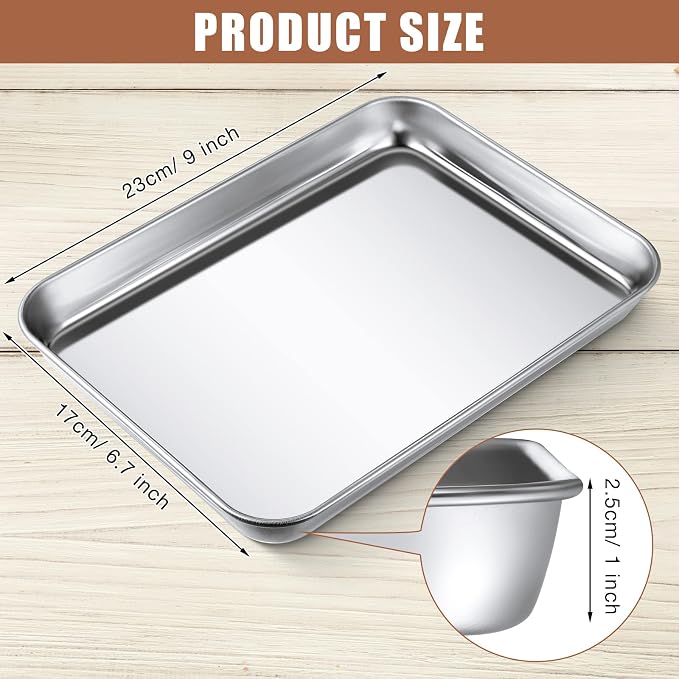 Potchen 6 Pcs Baking Sheet Pan Set Stainless Steel Cookie Sheet Small Toaster Oven Pans Tray Barbecue Grill Pan Rectangle Trays Oven Freezer Bakery, Non-stick, Easy Clean, 9 x 6.7 x 1 Inches