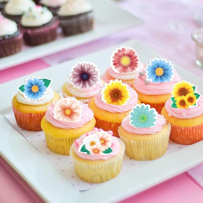 50Pcs Edible Colorful Sunflowers Cupcake Toppers Sunflower Blossoms Cupcake Picks for Sunflower Baby Shower Floral Bridal Shower Engagement Floral Wedding Baby Girls Birthday Cupcake Decorations
