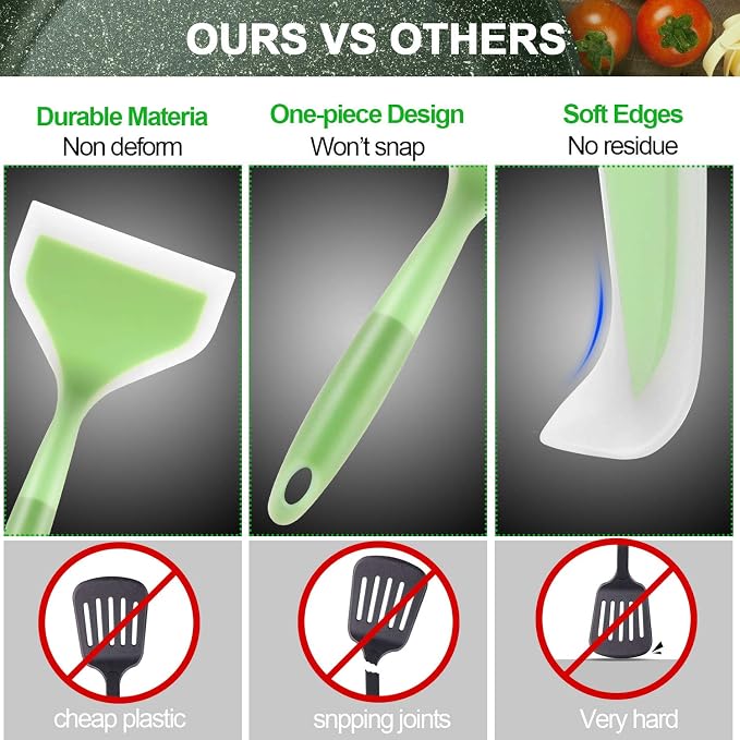 Shappy 2 Pcs Wide Spatula Tamagoyaki Omelette Silicone Shovel Turner Nonstick Fried Fish Spatula Wide Flexible Turner for Nonstick Cookware Egg Cookie Pancake(Green, Orange)