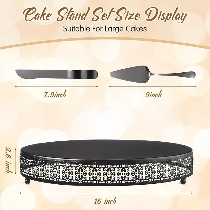 Wenqik Black Cake Stand 16 Inch Metal Round Cupcake Dessert Wedding Cake Stand with Cutting & Spatula Cookies Display Holder Fruit Serving Tray for Table Wedding Birthday Anniversary Party