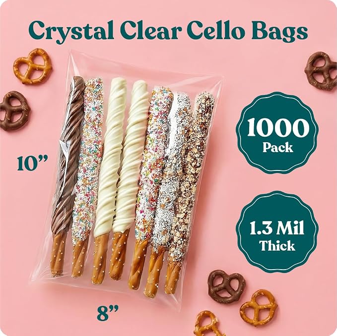 8" X 10" Self Sealing Cellophane Bags (1000 Pack) - Clear Cookie and Pretzel Rod Bags With Seal for Baked Goods Packaging, Cookie Wrappers, Bakery Packaging, Bake Sale, Candy, Treats, Goodies, Gifts