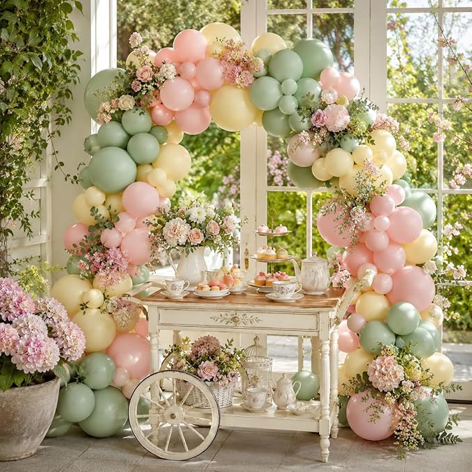 Pink and Green Balloon Arch Kit, 122Pcs Dusty Green Macaron Pink Yellow Matte Balloons for Girls Flower Birthday Bridal Wedding Engagement Floral Baby Shower Anniversary Tea Party Decorations