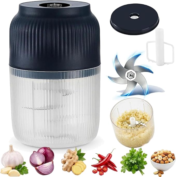 Household Electric Garlic Crusher, 6 blades, 2026 New Mini Garlic Mincer Electric with Lid, 350ml Portable Garlic Chopper for Garlic, Onion, Ginger, Chili and Fruit (Blue)