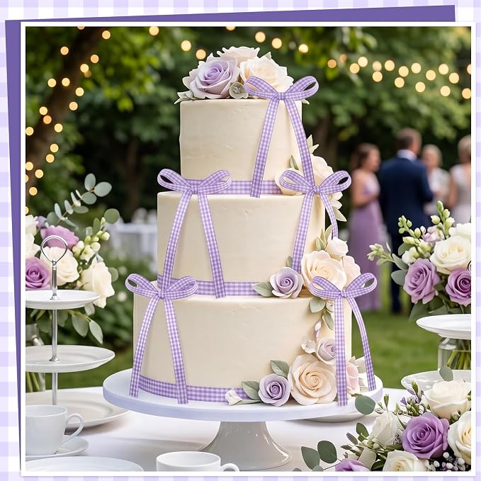 30 PCS Bow Cupcake Topper Purple Gingham Ribbon Bows for Cake Handmade Bow Birthday Decorations for Weddings, Baby Showers, Wedding, Engagements and Dessert Tables