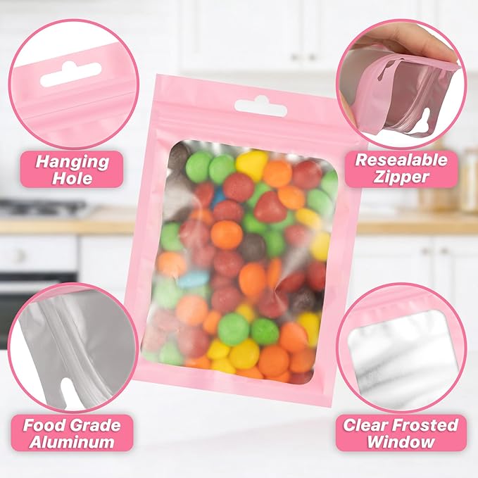 100 Pack Pink Resealable Food Storage Bags, Resealable Packaging Bags, Heat Seal Bag with Frosted Clear Window, Sealed Bag Foil Pouch Zip Pouch for Food Storage 4.13 x 5.91