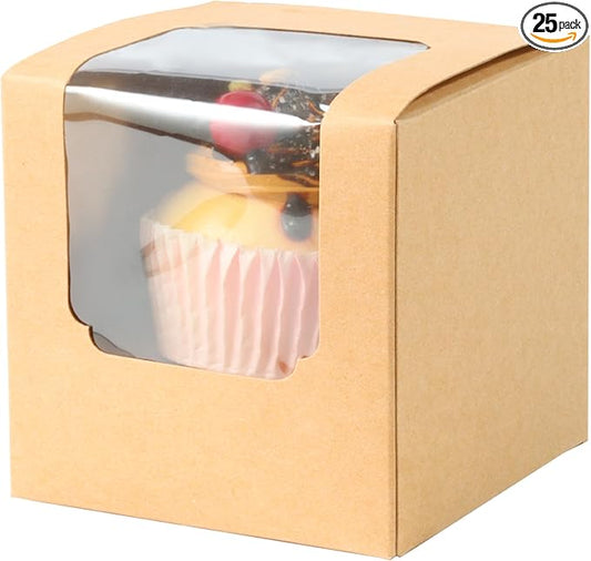25 Pcs Single White Cupcakes Containers Gift Boxes with Window Inserts Handle for Wedding Candy Boxes (25P-Brown)