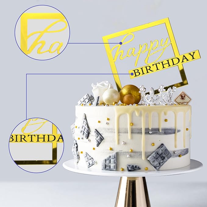 40 PCS Gold Happy Birthday Cake Toppers Mirror Acrylic Toppers with 10 Styles or Birthday Party Cake Desserts Pastries